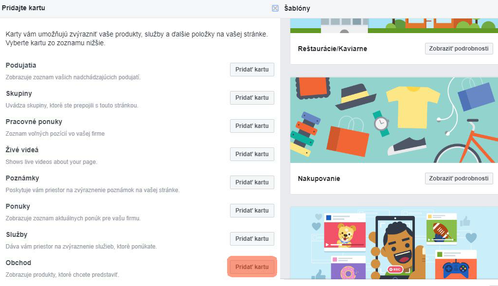 Facebook Obchod - pridanie karty alebo zmena šablóny Facebook Obchod - pridanie karty alebo zmena šablóny